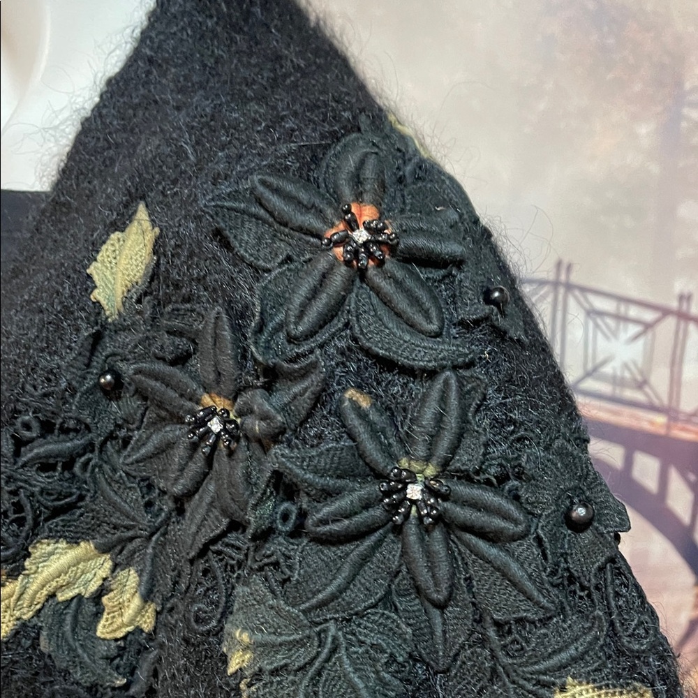Vintage Rose Song Lined Wool Appliqué Jacket Sweater – Black Floral Beaded - Picture 8 of 17